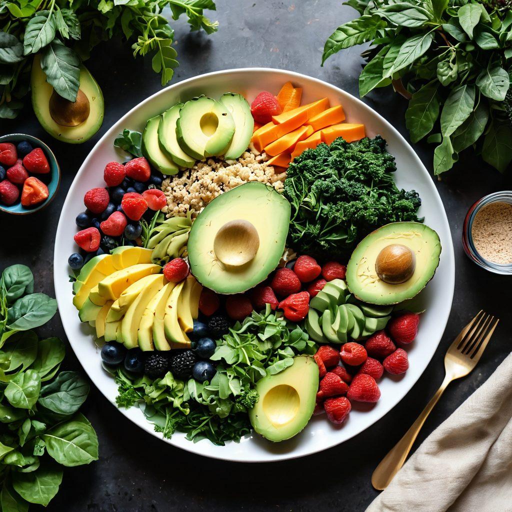 A colorful and inviting plate filled with IBS-friendly foods such as leafy greens, ripe avocados, quinoa, and vibrant fruits, surrounded by a serene natural setting. Soft rays of sunlight breaking through lush foliage illuminate the table, symbolizing happiness and health. The background features a calm landscape, promoting a sense of tranquility and wellness. super-realistic. vibrant colors. soft focus.