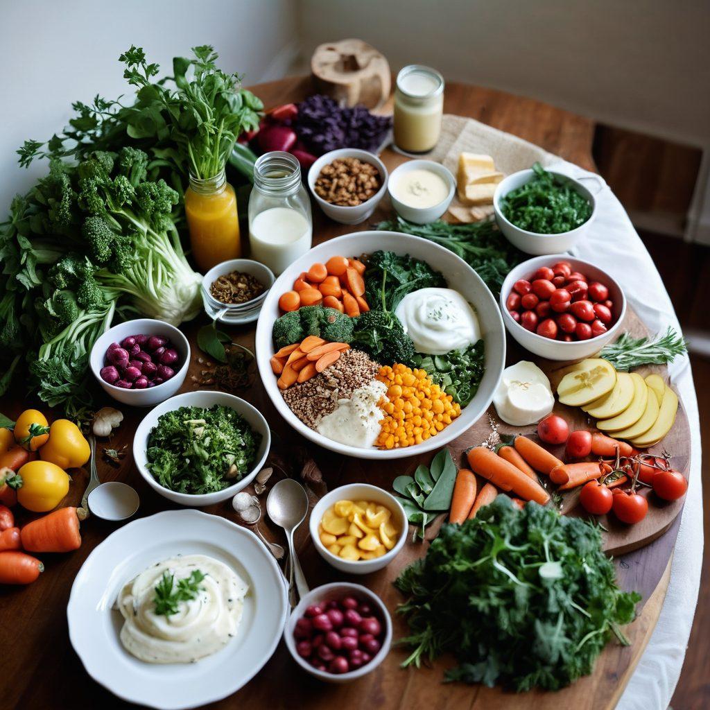 A beautifully arranged table filled with vibrant, gut-friendly foods like colorful vegetables, whole grains, and probiotic-rich yogurt. Incorporate a lively atmosphere with soft natural light illuminating the scene. Include a cookbook opened to a gut-friendly recipe page and fresh herbs scattered around. A backdrop of a cozy kitchen to enhance the feeling of wellness and nourishment. super-realistic. vibrant colors. soft lighting.