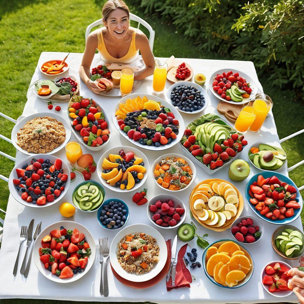 A colorful spread of cheerful, healthy dishes designed for an IBS diet, featuring vibrant fruits, vegetables, and whole grains, all arranged on a bright, sunny outdoor table setting. Include a smiling person enjoying a meal with bright sunlight streaming through trees, showcasing happiness and health. Emphasize fresh ingredients and inviting textures. super-realistic. vibrant colors. white background.